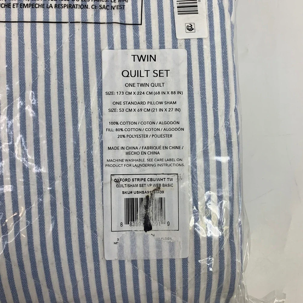 Laura Ashley Oxford Stripe Blue/White Twin Quilt Set w/ Sham NEW‎